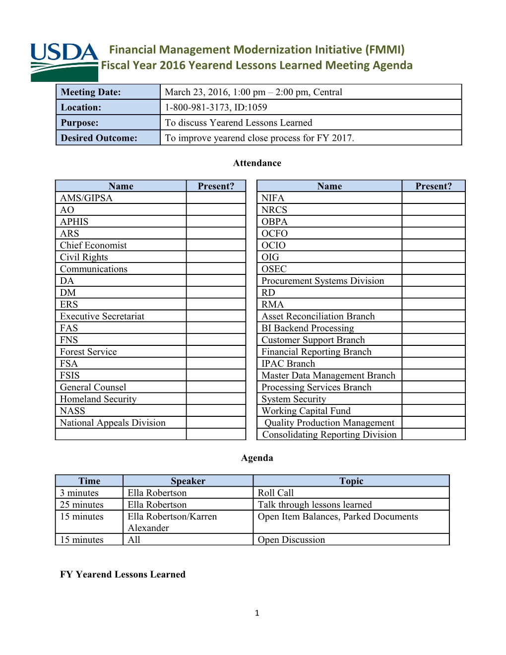 FYE16 Lessons Learned Meeting Agenda 3/23/16