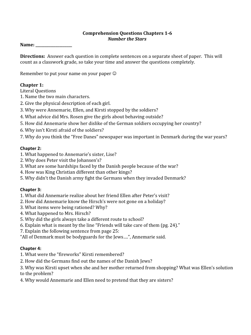 Comprehension Questions Chapters 1-6