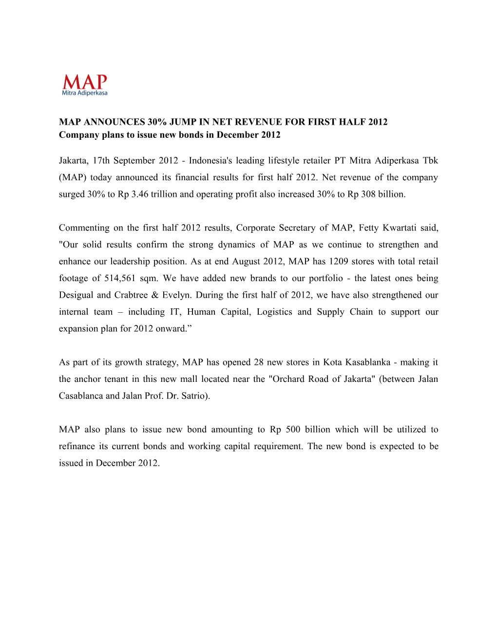 Map Announces 30% Jump in Net Revenue for First Half 2012