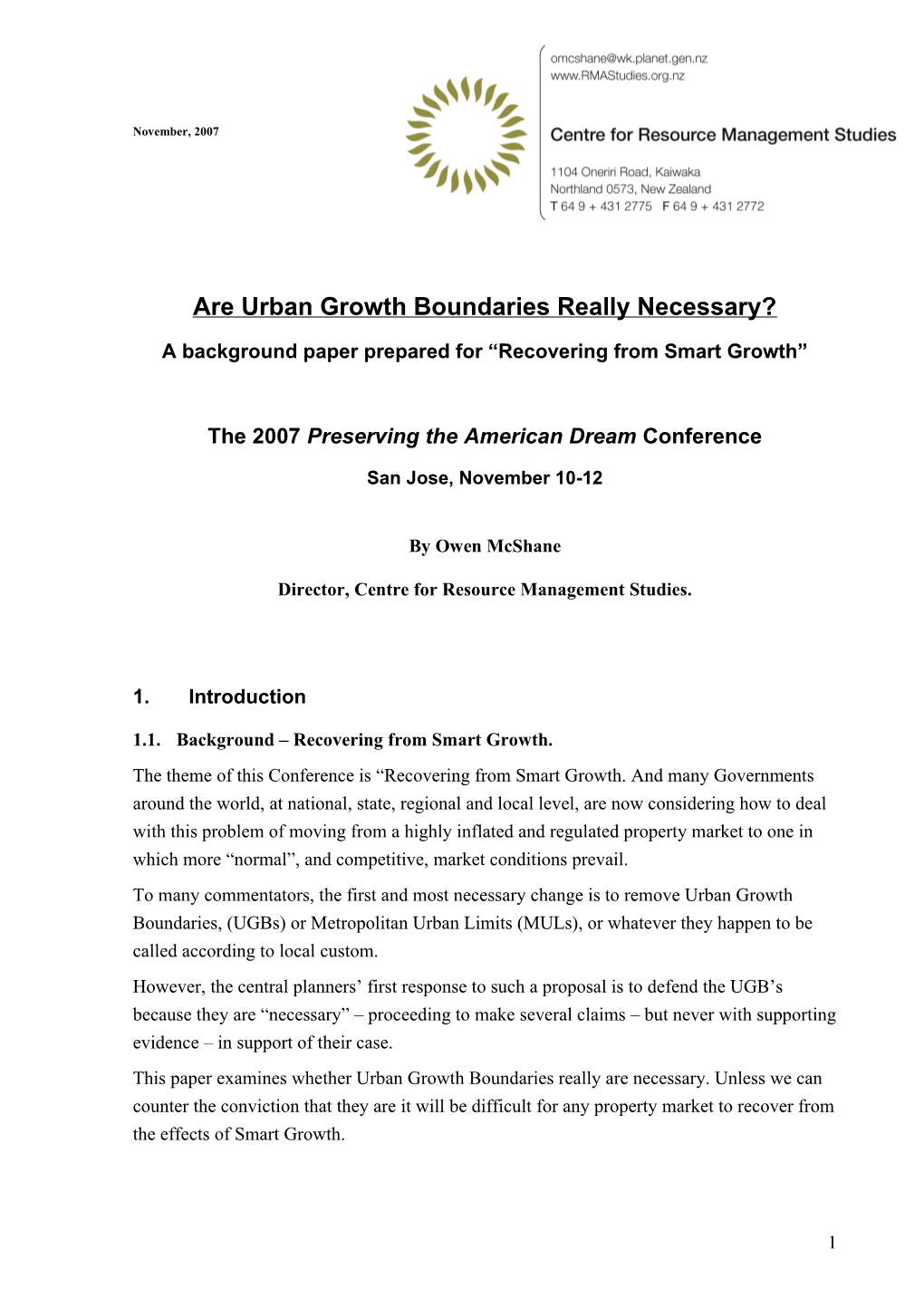A Background Paper Prepared for Recovering from Smart Growth