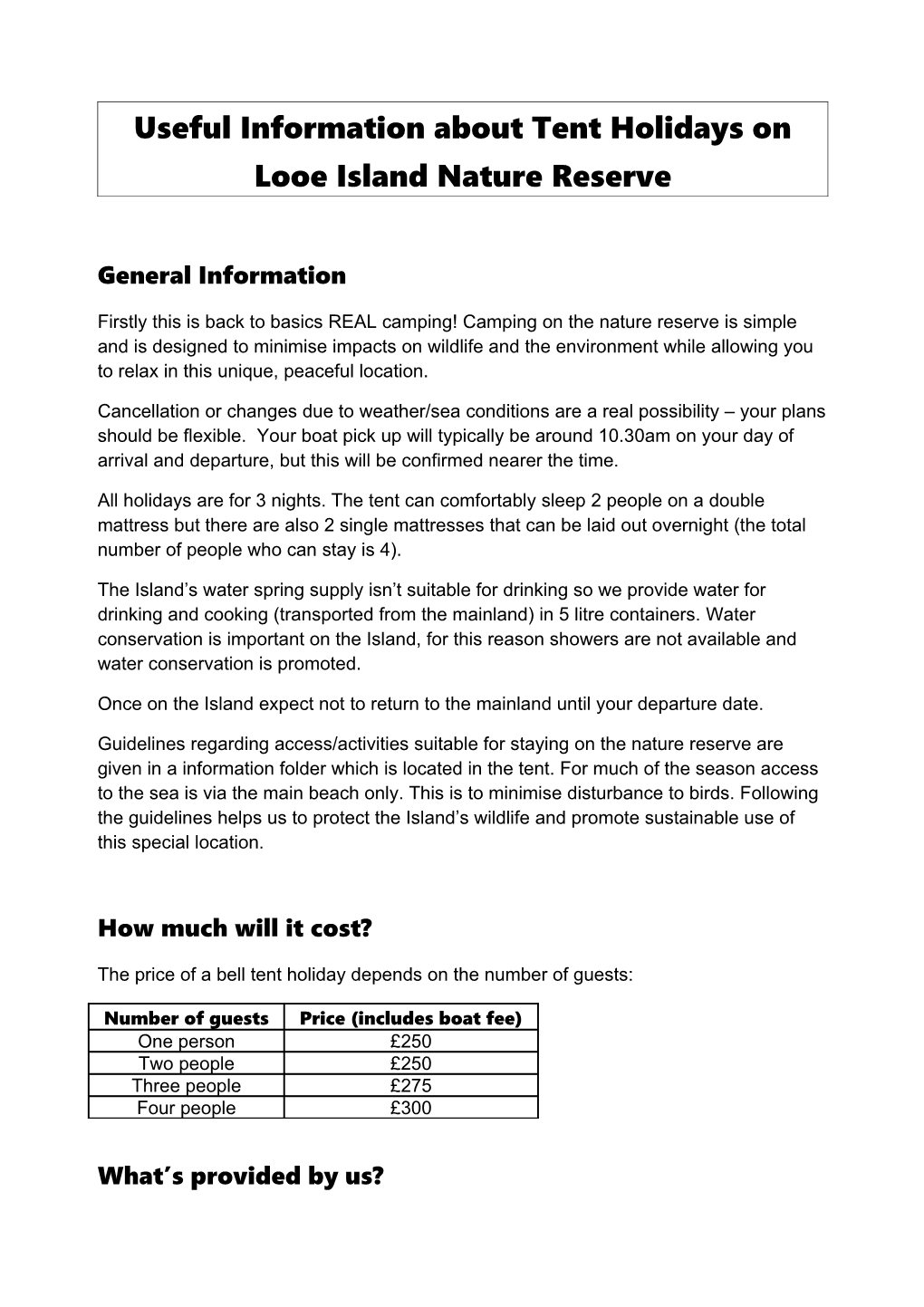 Useful Information About Tent Holidays on Looe Island Nature Reserve