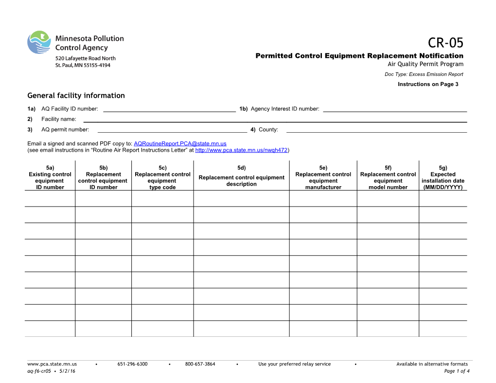 CR-05 Permitted Control Equipment Replacement Notification - Air Quality Permit Program Form