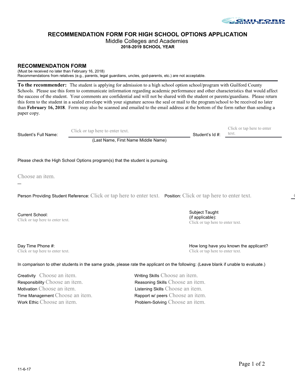 Recommendation Form for High School Options Application
