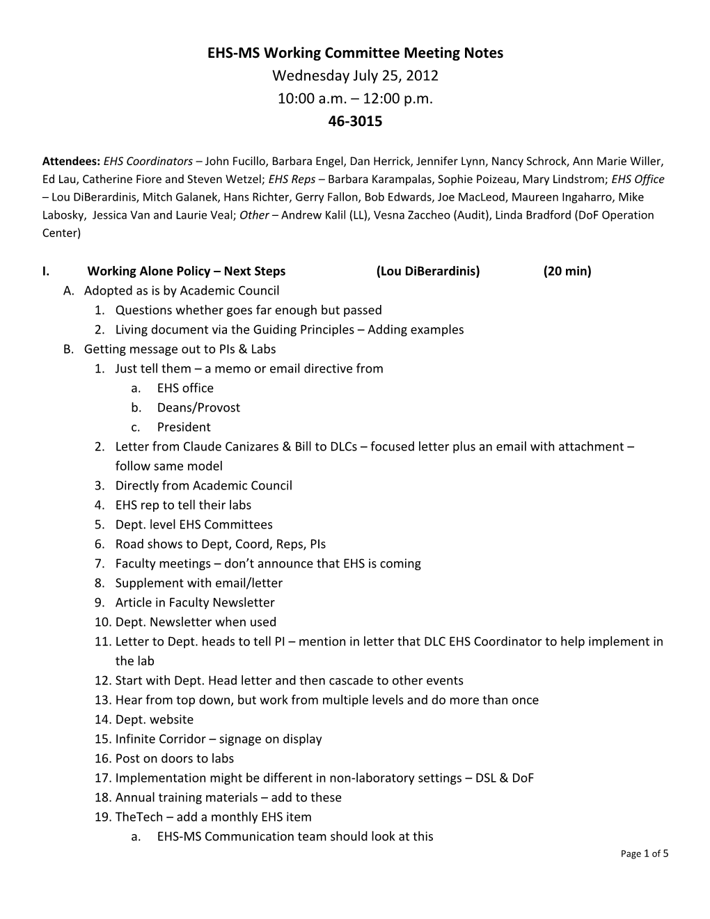 EHS-MS Working Committee Meeting Notes
