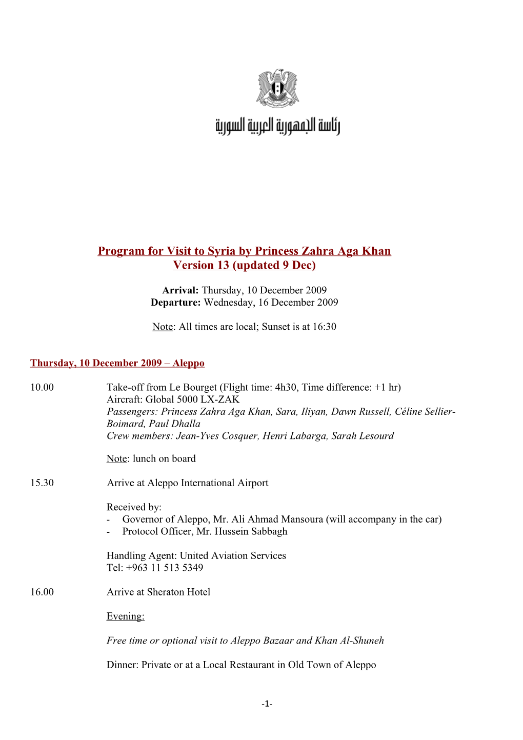 Program for Visit to Syria by Princess Zahra Aga Khan