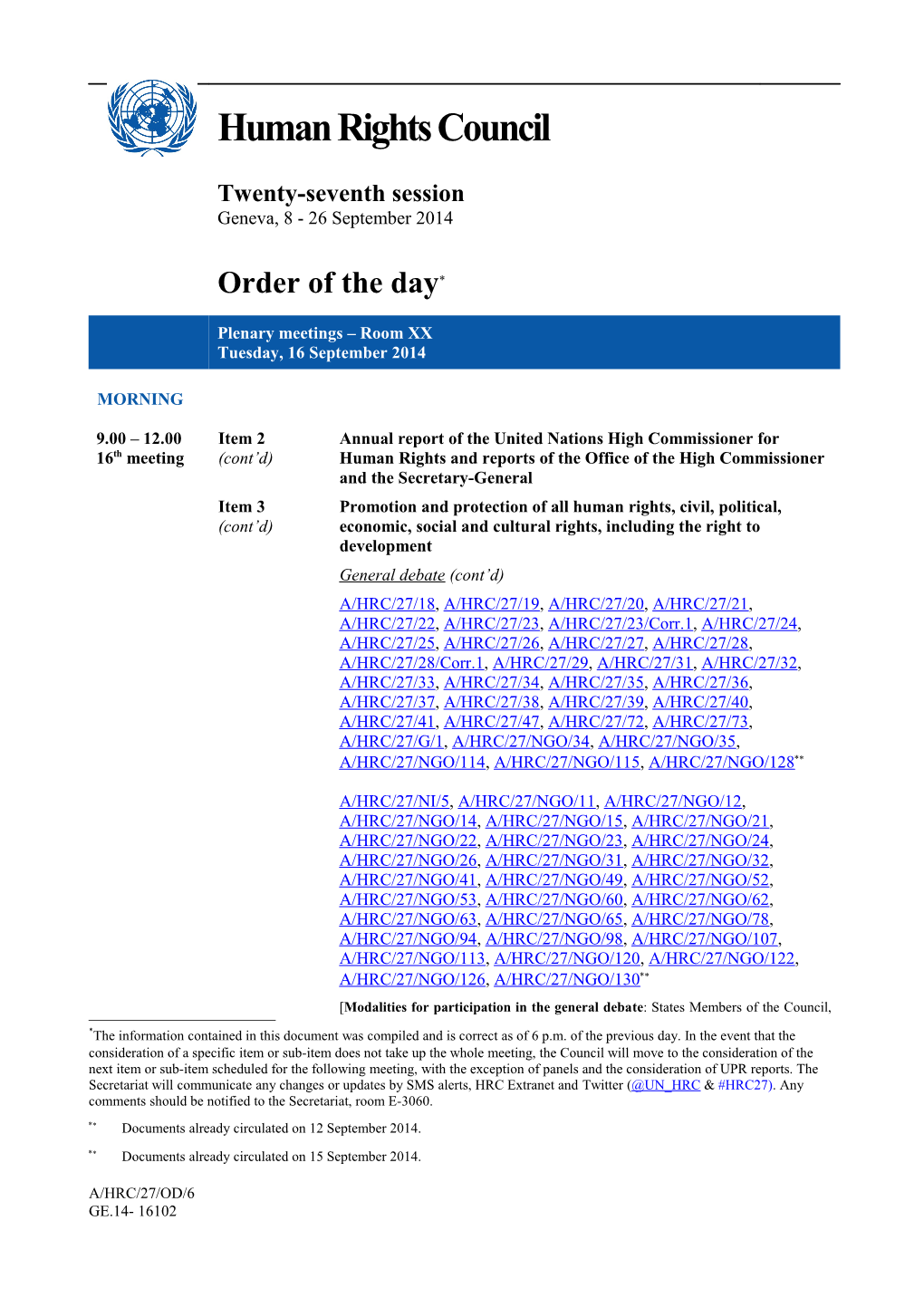 Order of the Day, Tuesday, 16 September 2014 in English