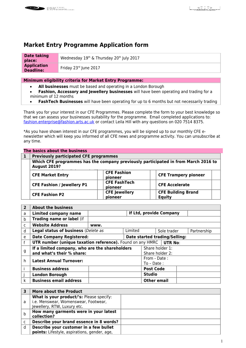 Market Entry Programme Application Form