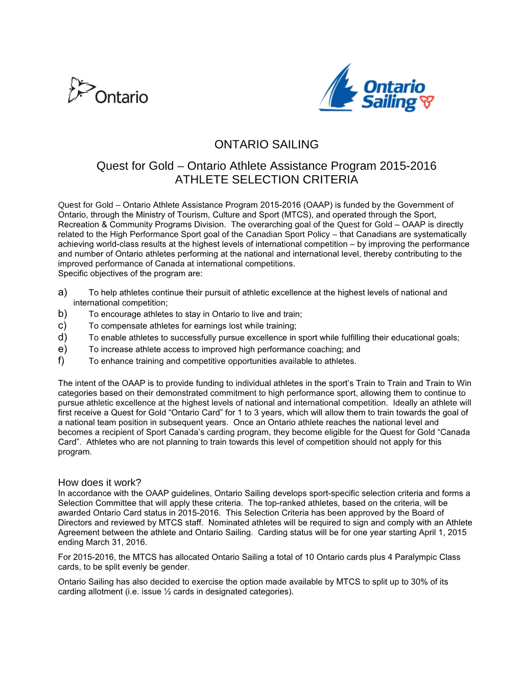 Quest for Gold Ontario Athlete Assistance Program 2015-2016