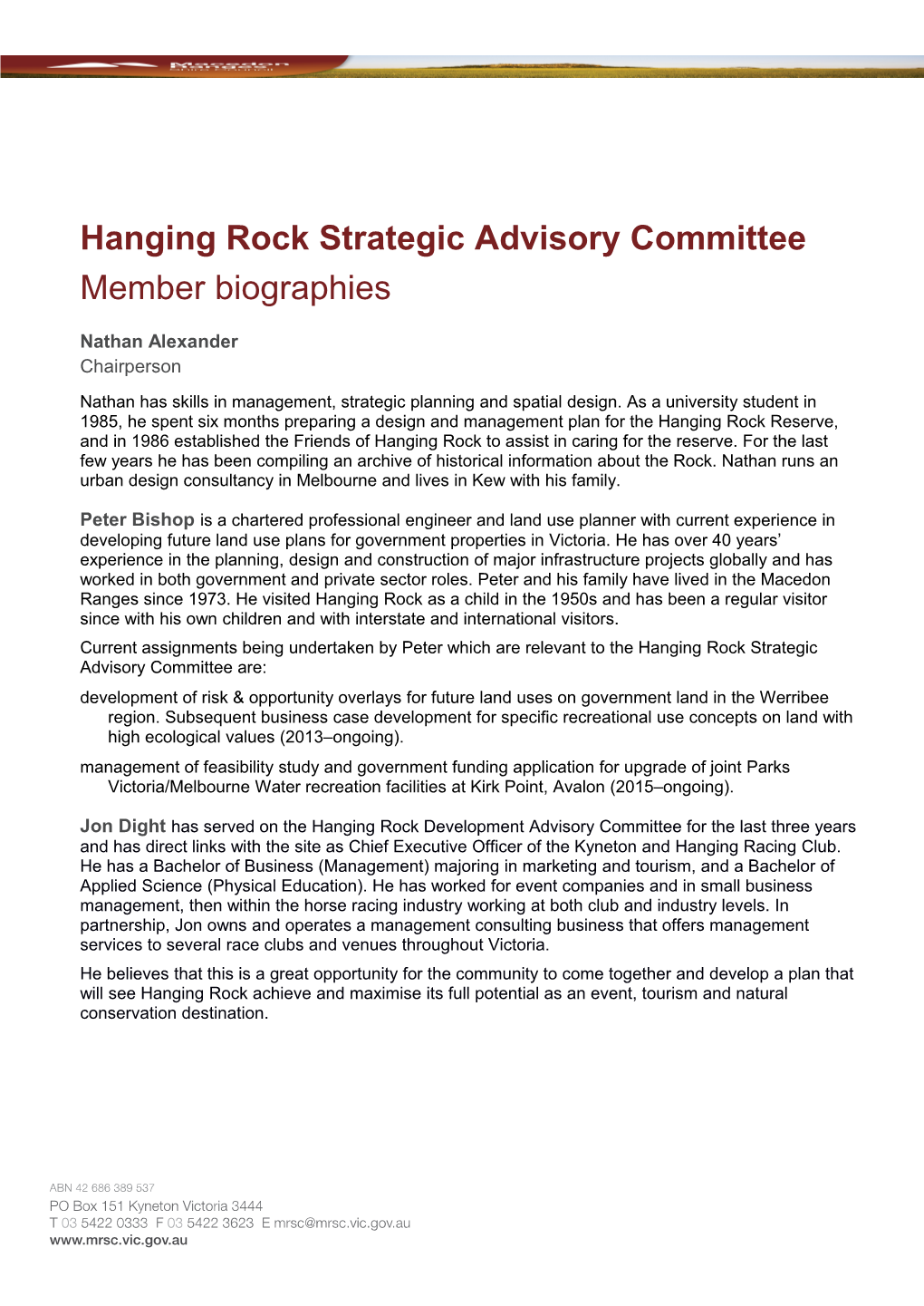 Hanging Rock Strategic Advisory Committee Member Biographies
