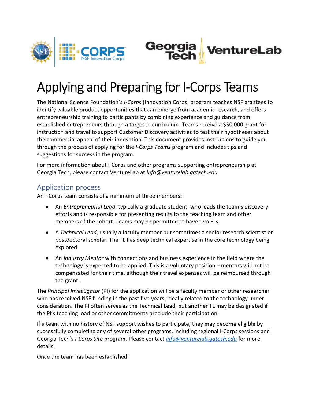 Applying and Preparing for I-Corps Teams