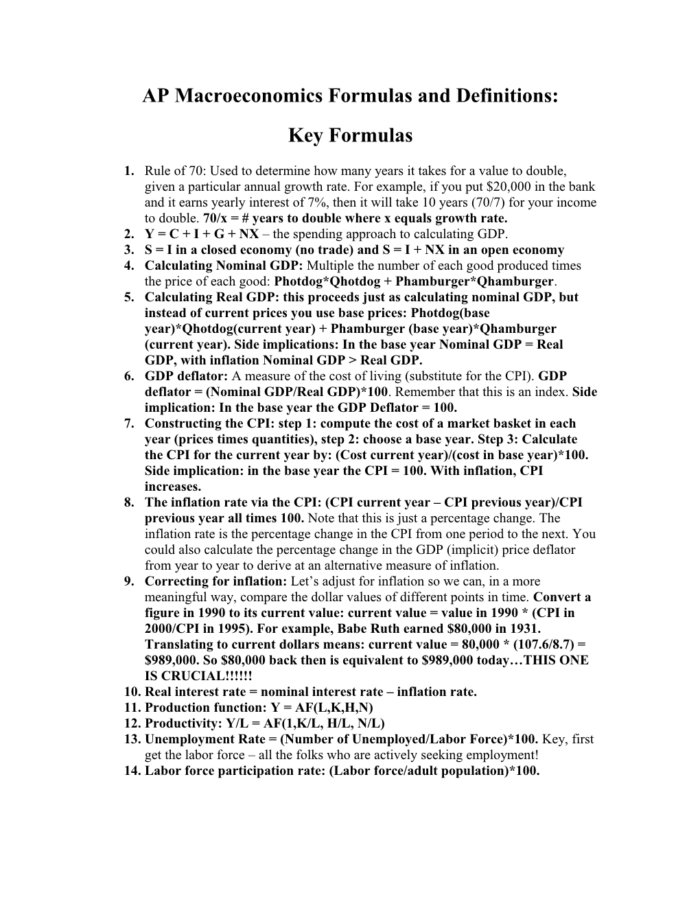 AP Macroeconomics Formulas and Definitions