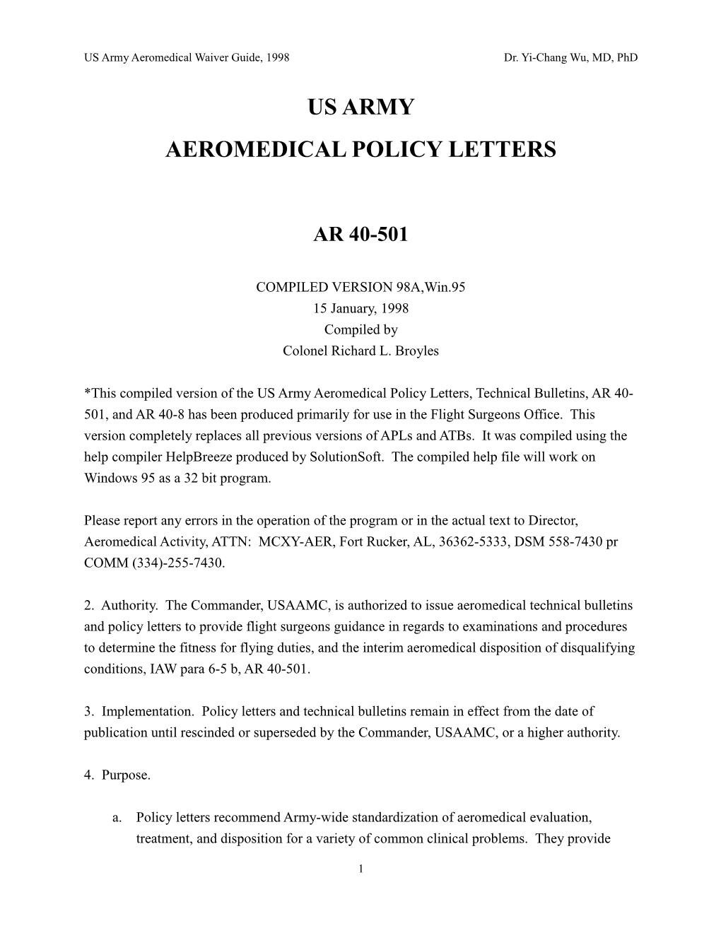 US Army Aeromedical Waiver Guide, 1998Dr. Yi-Chang Wu, MD, Phd