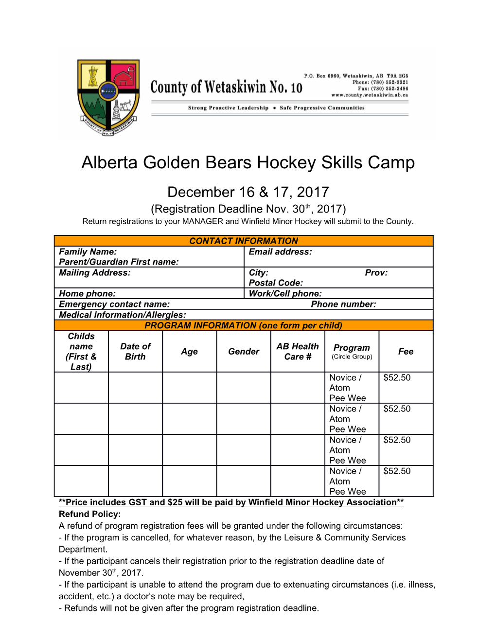 Alberta Golden Bears Hockey Skills Camp