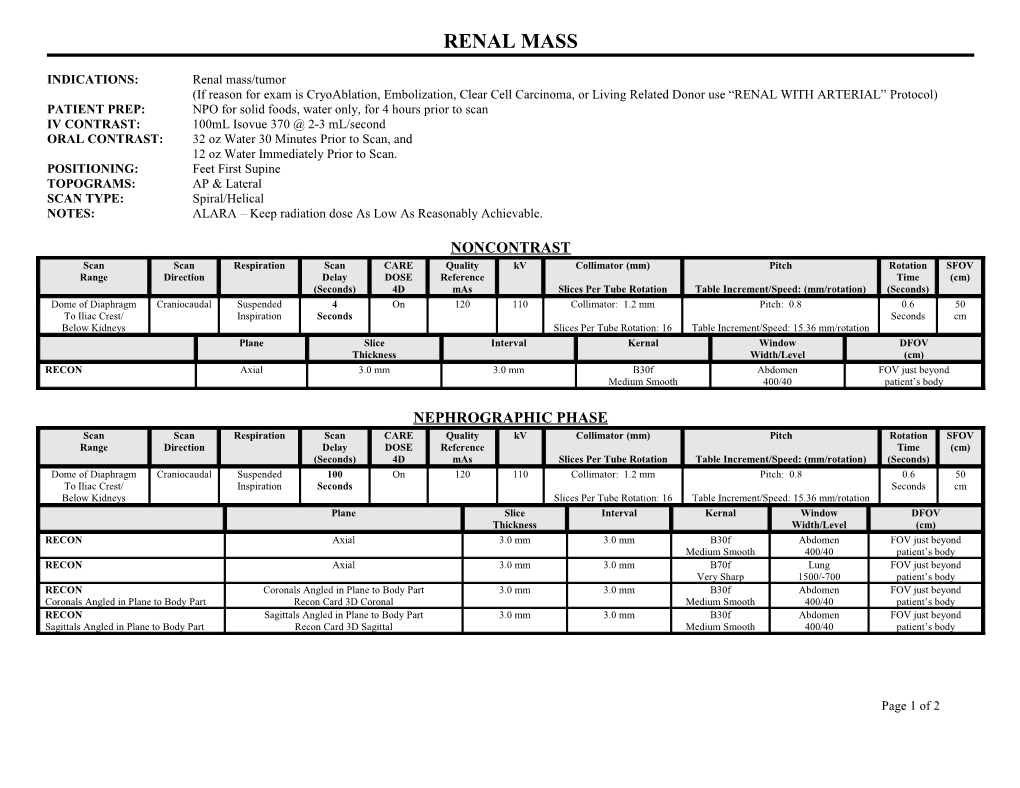 INDICATIONS: Renal Mass/Tumor