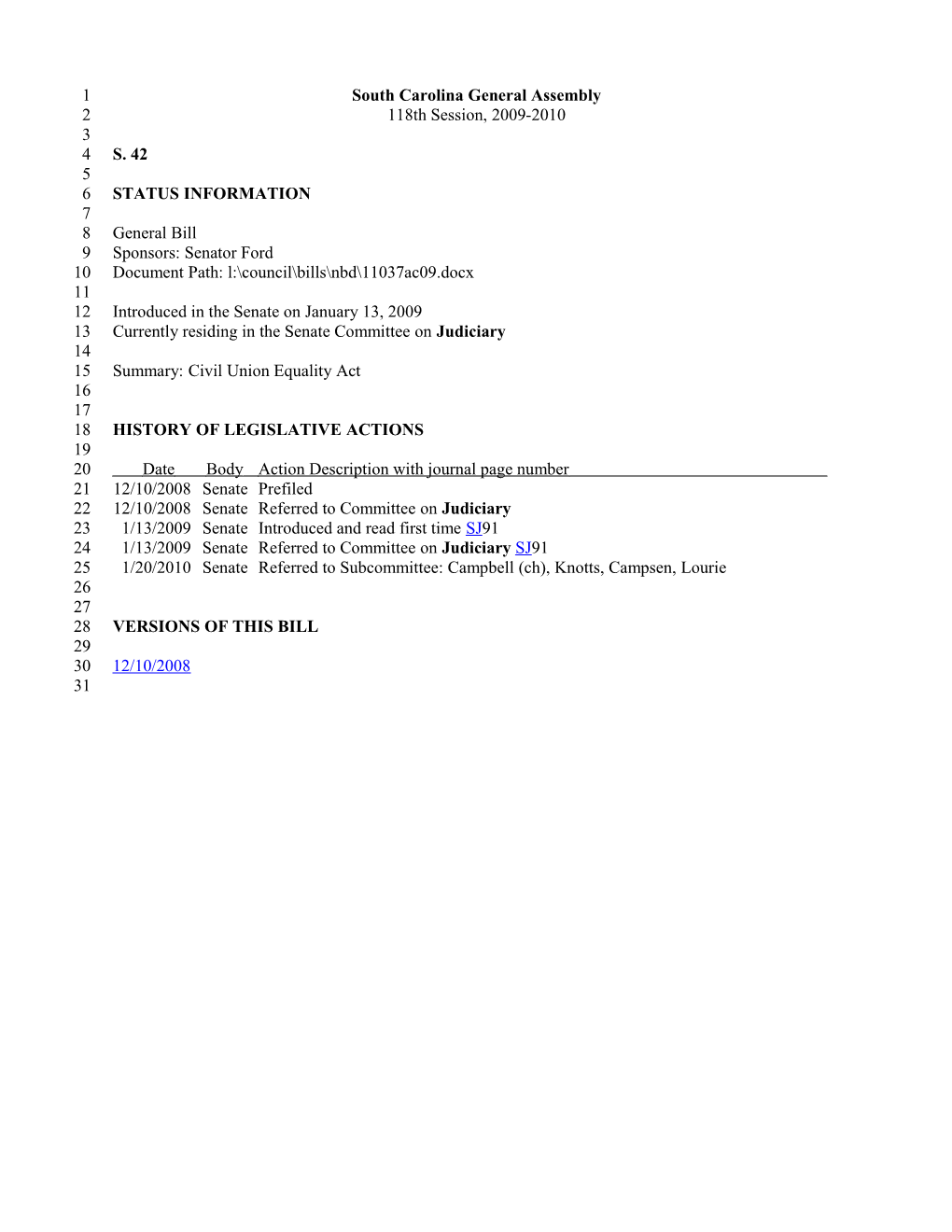 2009-2010 Bill 42: Civil Union Equality Act - South Carolina Legislature Online