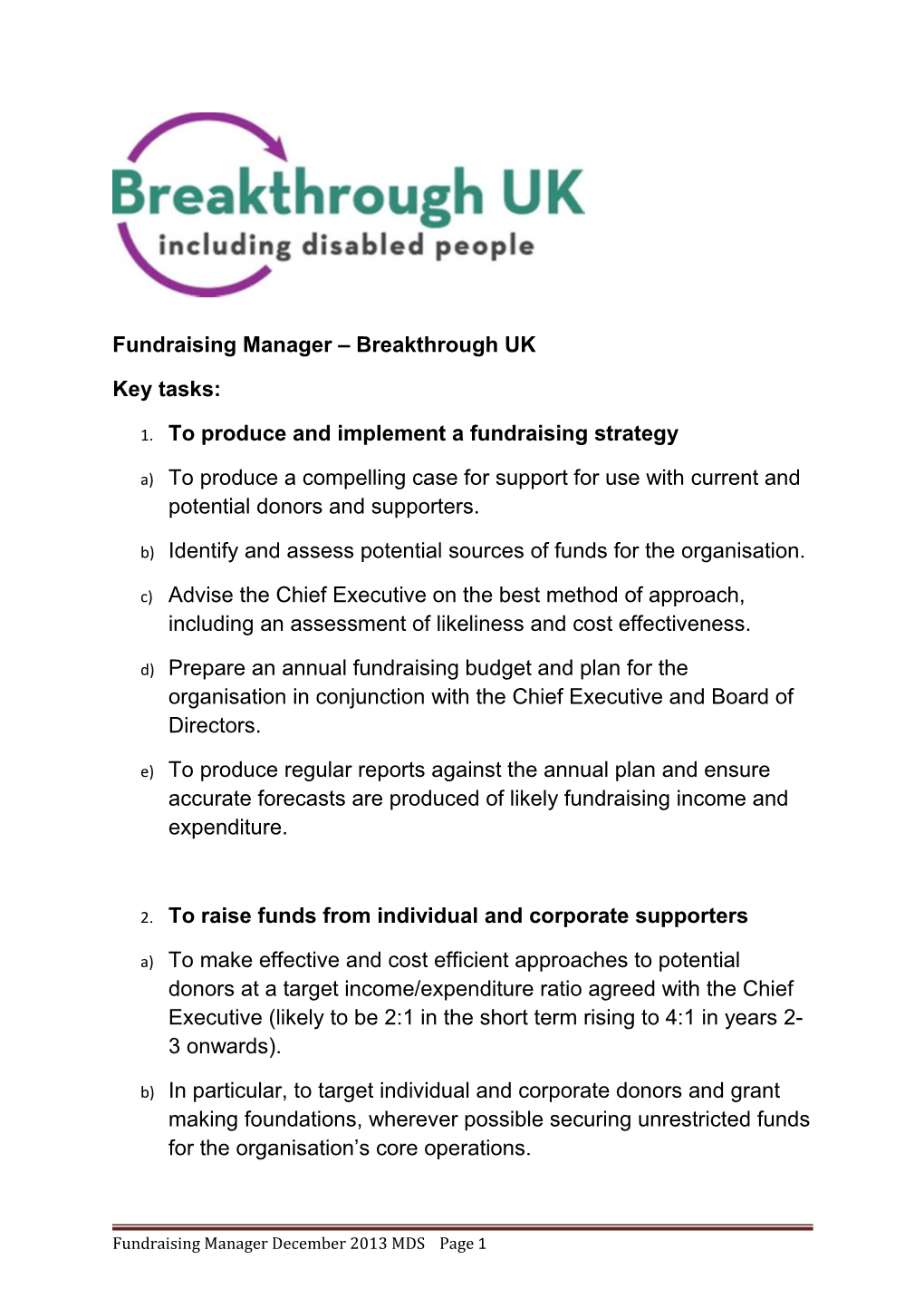 Fundraising Manager Breakthrough UK