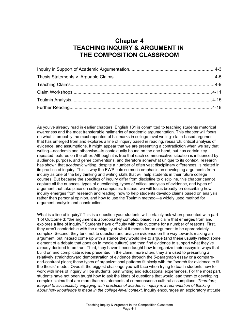 Teaching Inquiry & Argument In
