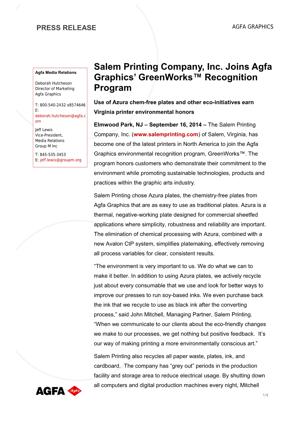 Salem Printing Company, Inc. Joins Agfa Graphics Greenworks Recognition Program