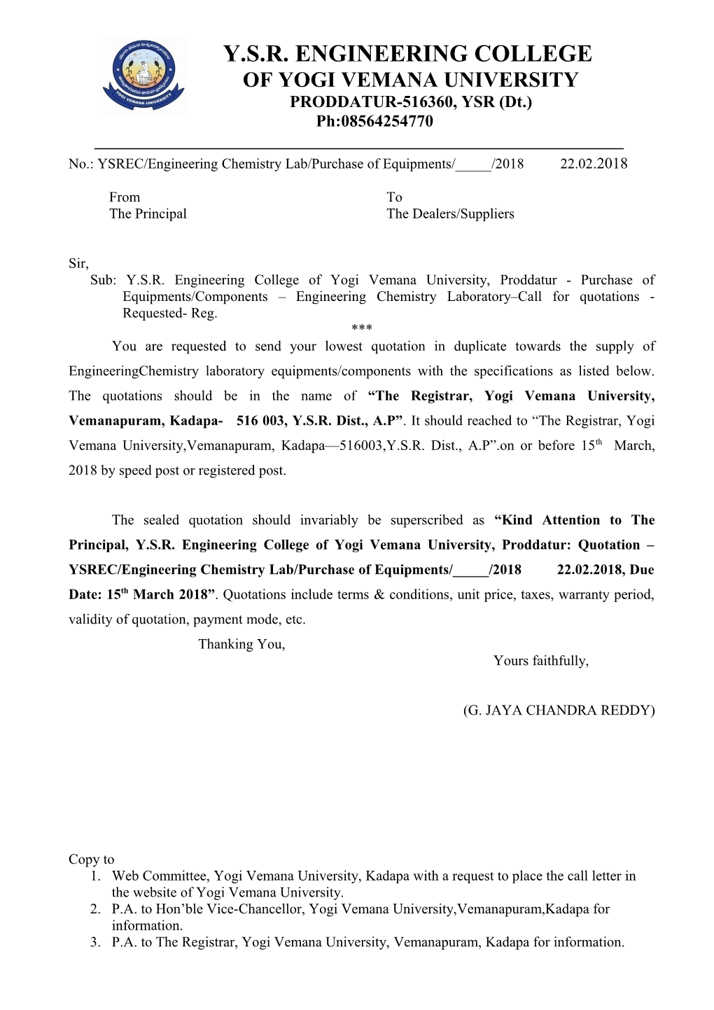 No.: YSREC/Engineering Chemistry Lab/Purchase of Equipments/_____/2018 22.02.2018