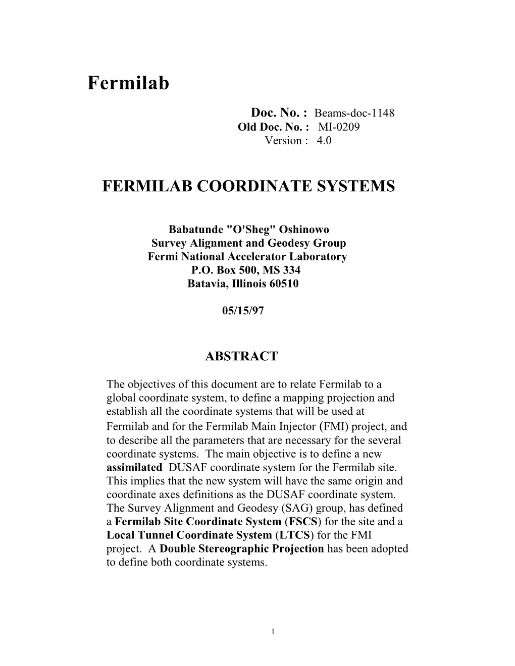 Fermilab/FMI Coordinate Systems