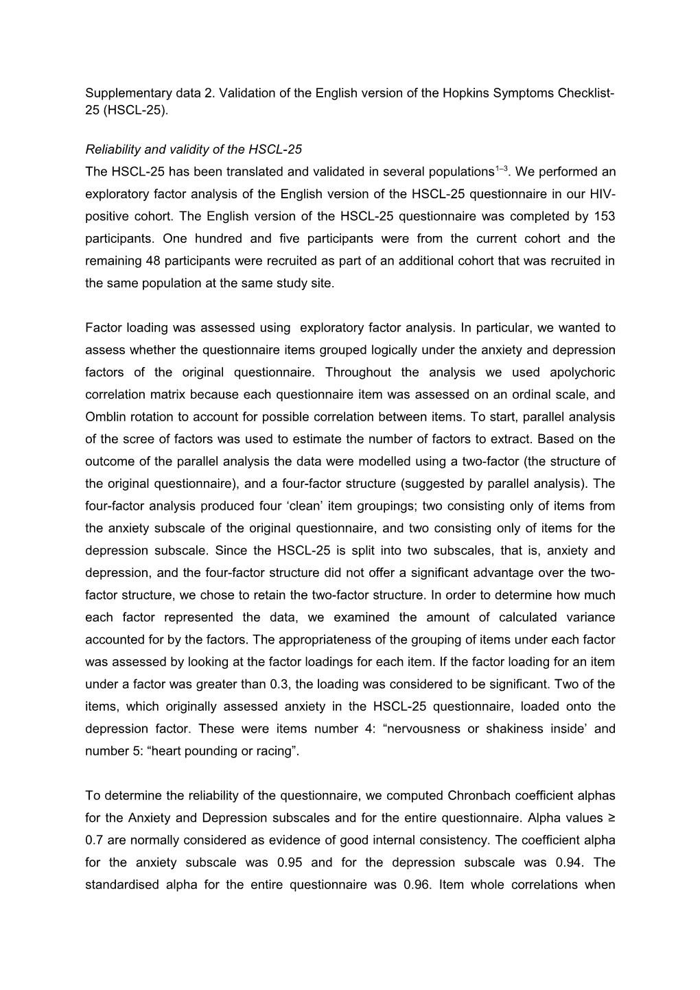 Supplementary Data 2.Validation of the English Version of the Hopkins Symptoms Checklist-25