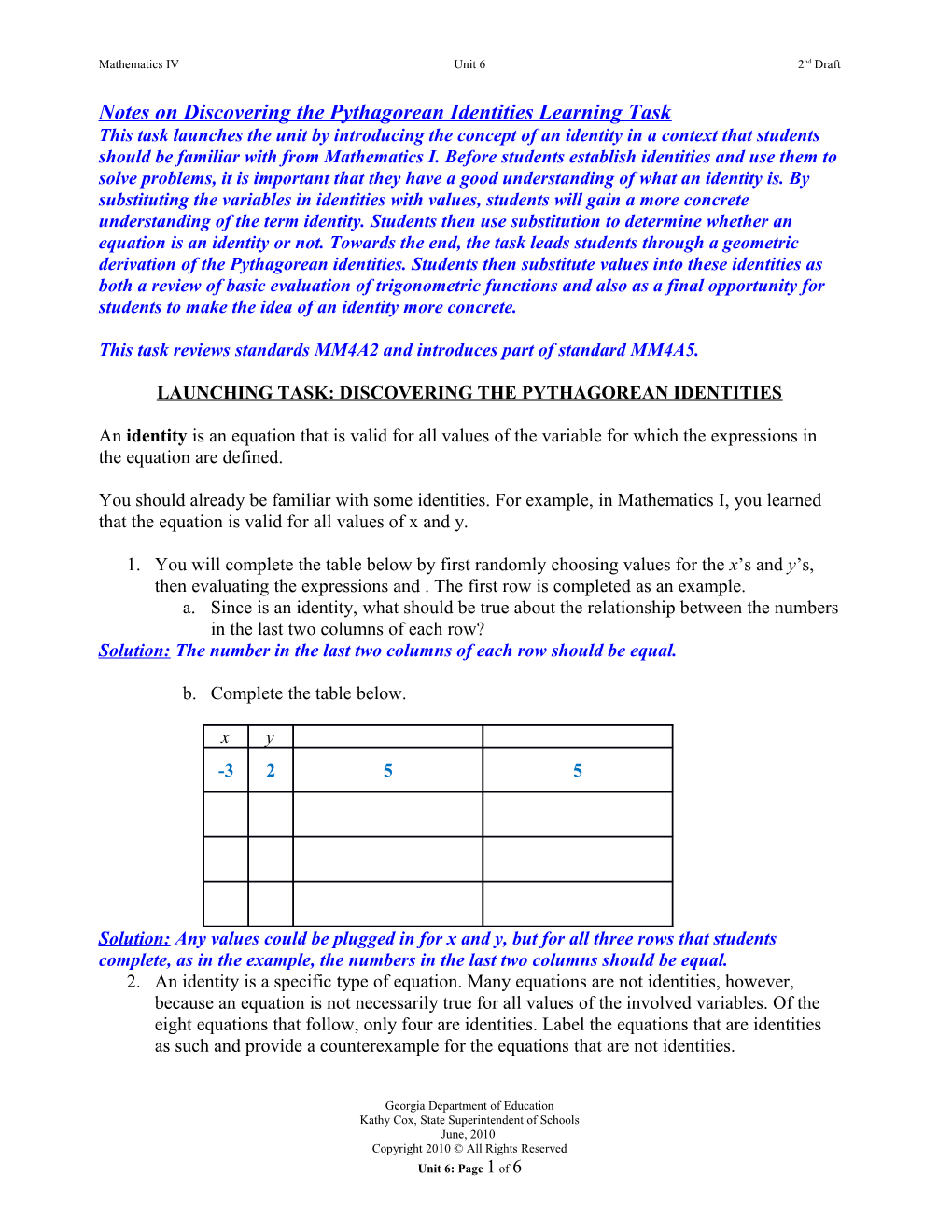 Notes on Discovering the Pythagorean Identities Learning Task