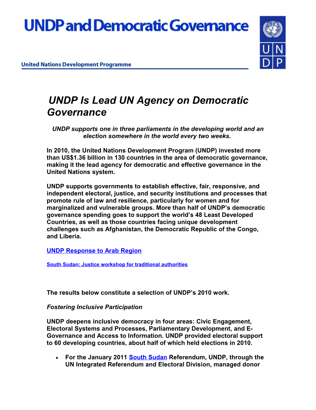 UNDP Is Lead UN Agency on Democratic Governance