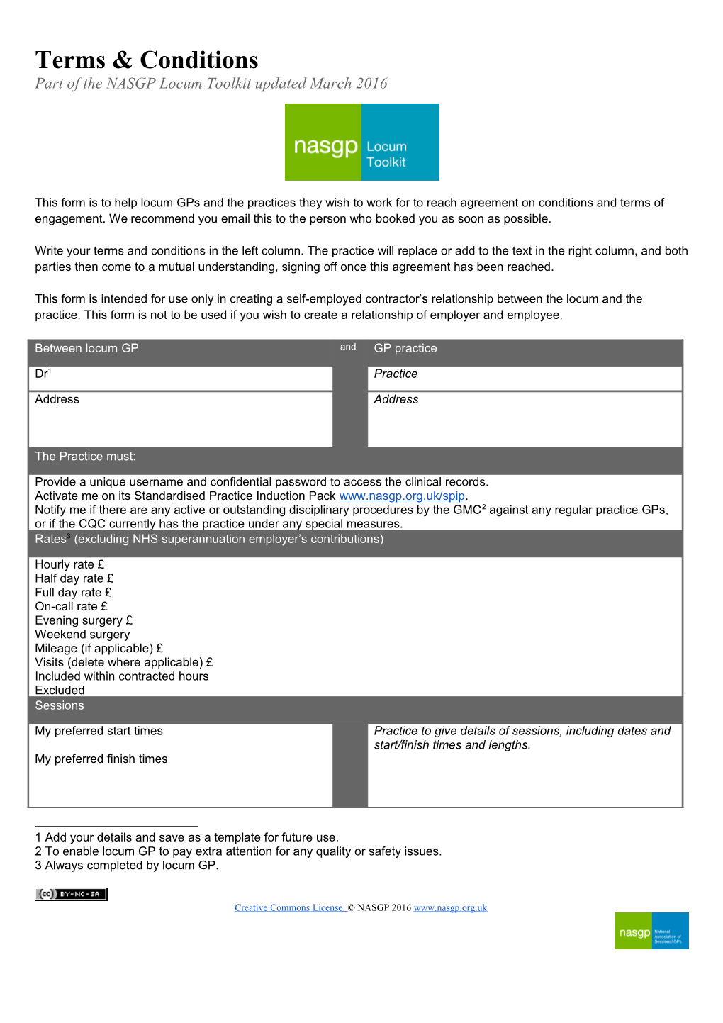 This Form Is to Help Locum Gps and the Practices They Wish to Work for to Reach Agreement