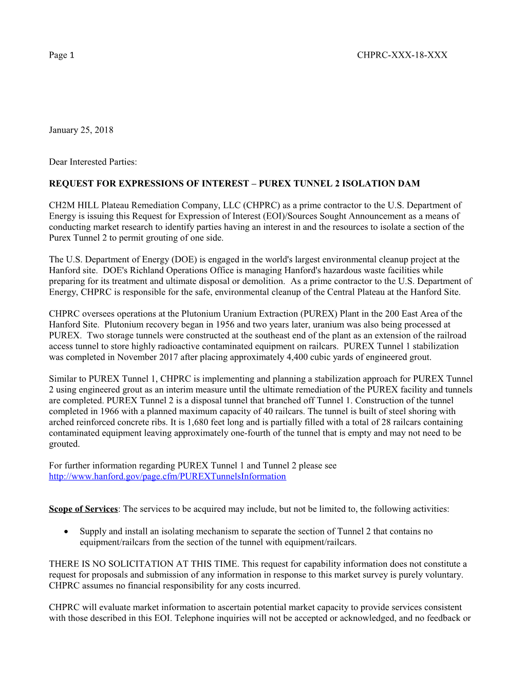 Request for Expressions of Interest Purex Tunnel 2 Isolation Dam