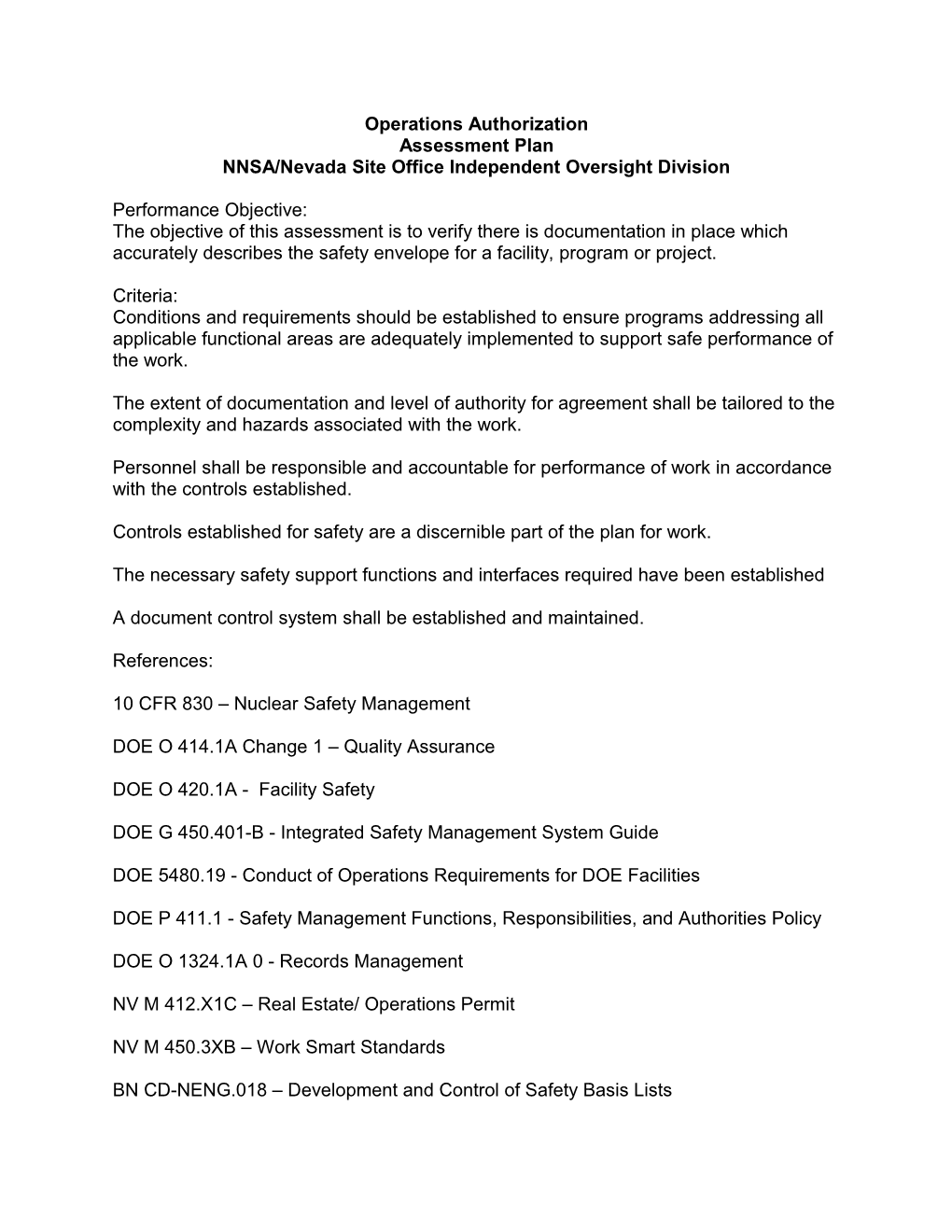 Operations Authorization Assessment Plan - Developed by NNSA/Nevada Site Office Facility