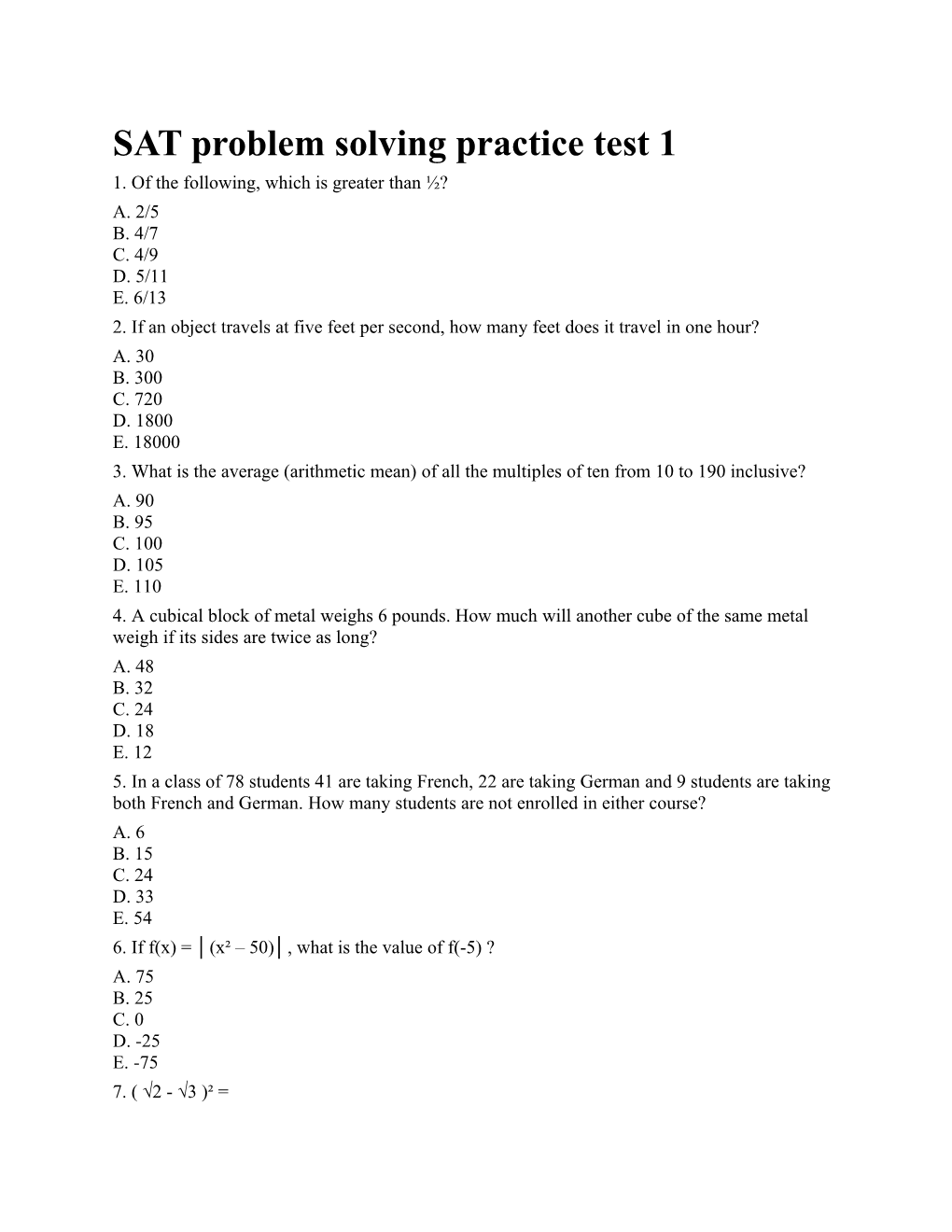 SAT Problem Solving Practice Test 1