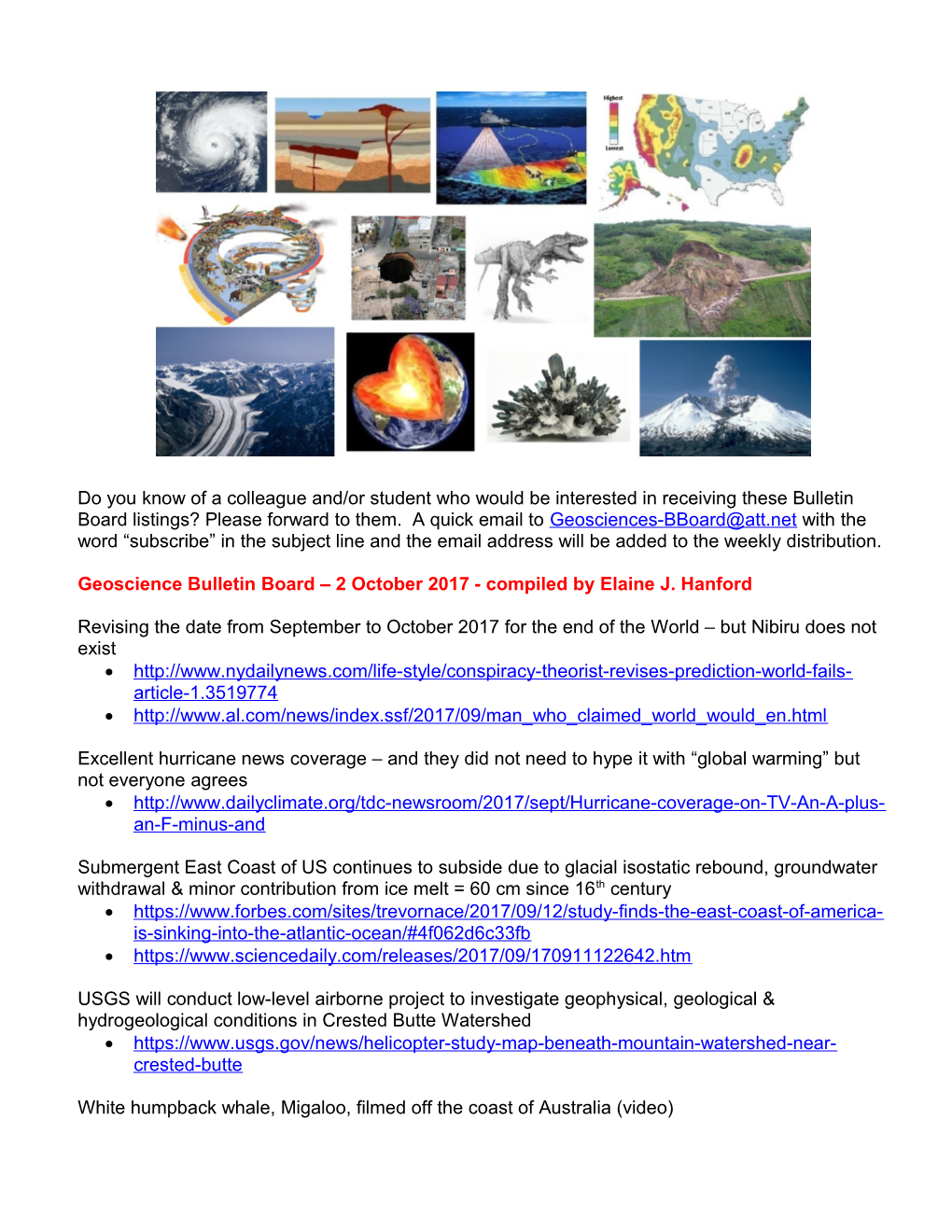 Geoscience Bulletin Board 2 October 2017- Compiled by Elaine J. Hanford