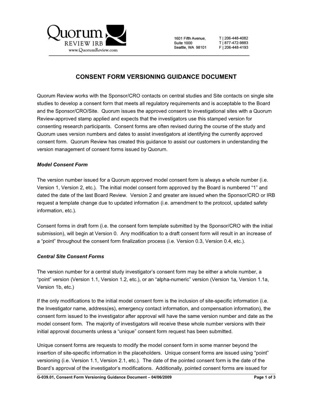 Consent Form Versioning Guidance Document