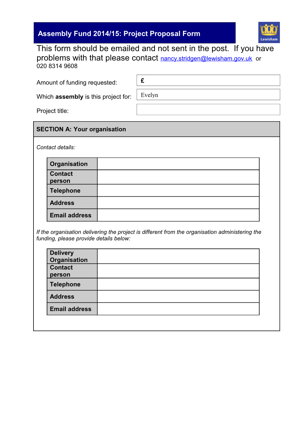 Evelyn Assembly Applipcation Form 2014/15