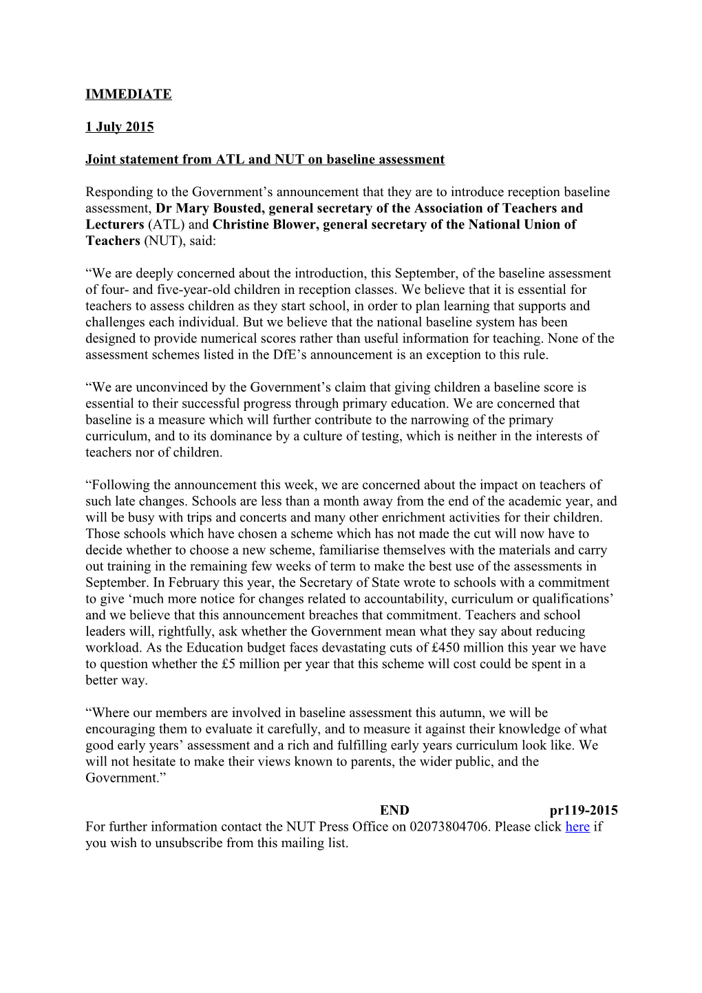 Joint Statement from ATL and NUT on Baseline Assessment