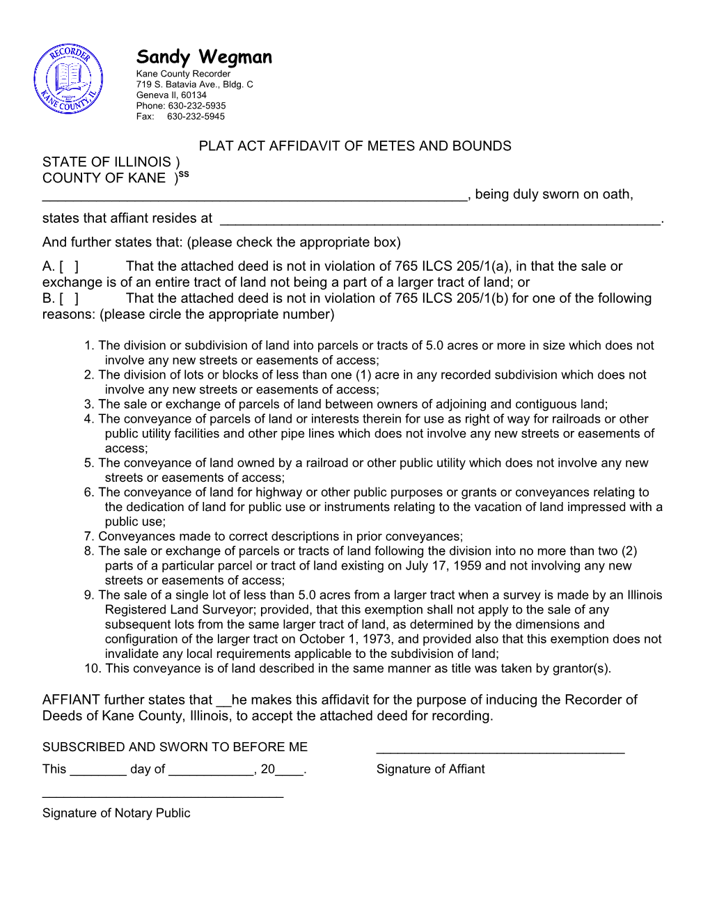 Plat Act Affidavit of Metes and Bounds