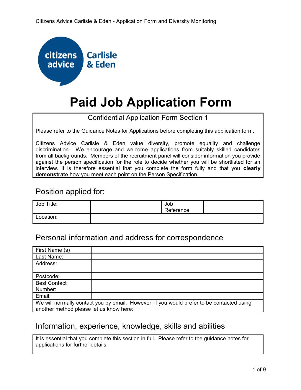 Citizens Advice Carlisle & Eden - Application Form and Diversity Monitoring