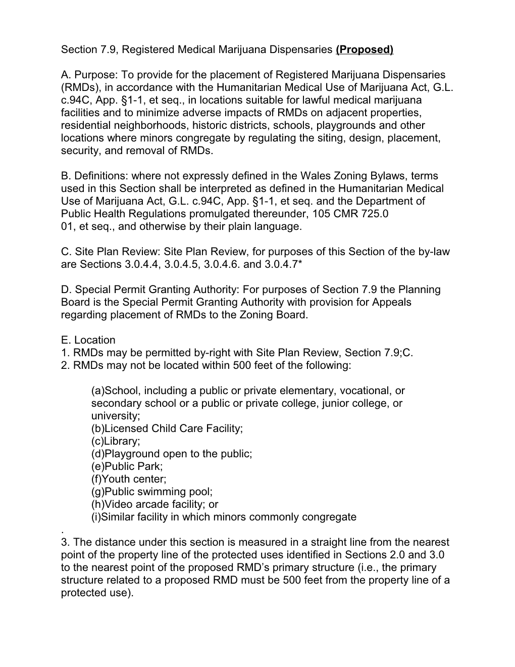 Section 7.9, Registered Medical Marijuana Dispensaries(Proposed)