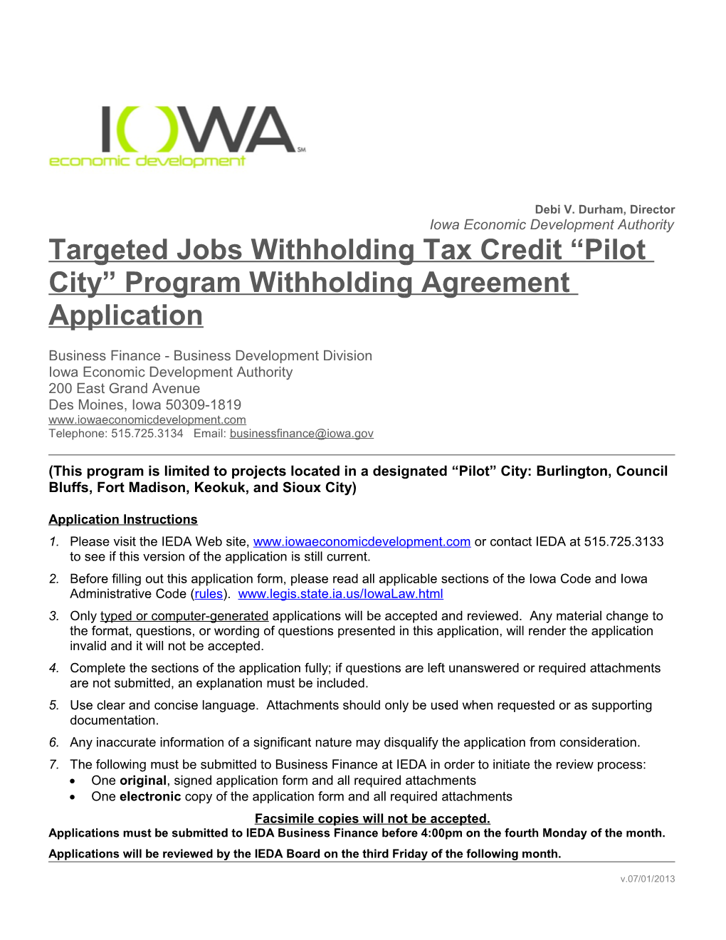 Targeted Jobs Withholding Tax Credit Pilot City Program Withholding Agreement Application