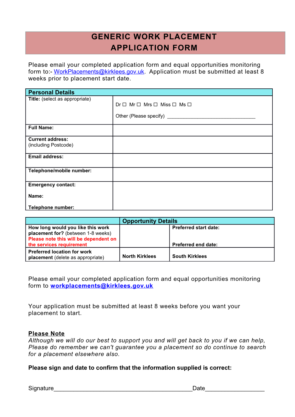 Work Experience Placement - Application Form - University Students