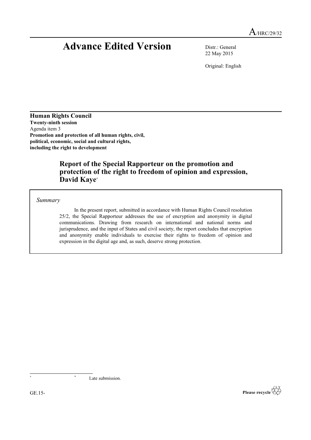 Report of the Special Rapporteur on the Promotion and Protection of the Right to Freedom