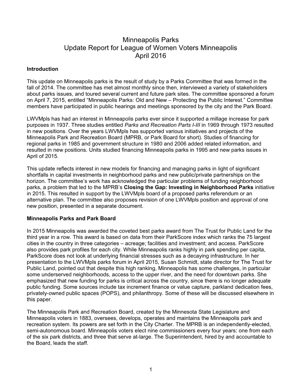 Update Report for League of Women Voters Minneapolis