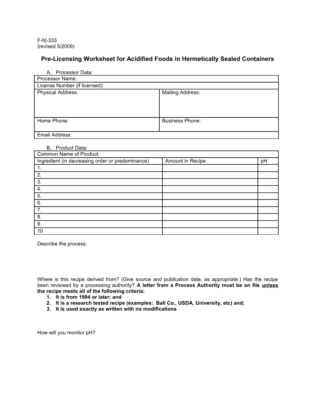 Pre-Licensure Worksheet for Acid, Aciified, and Low-Acid Thermally Processed Foods