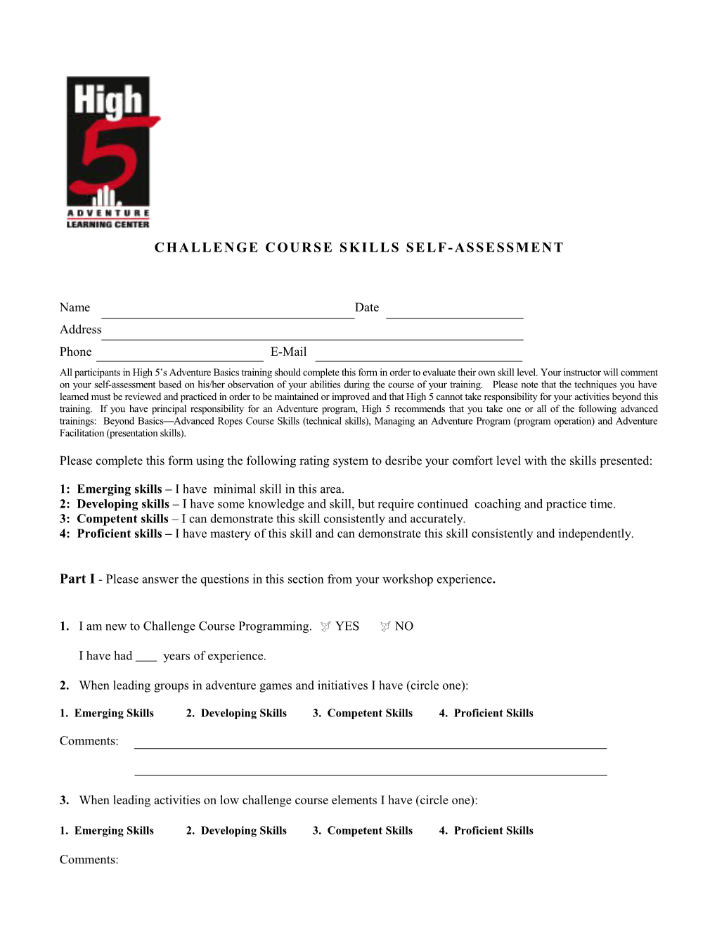 Challenge Course Skills Self-Assessment