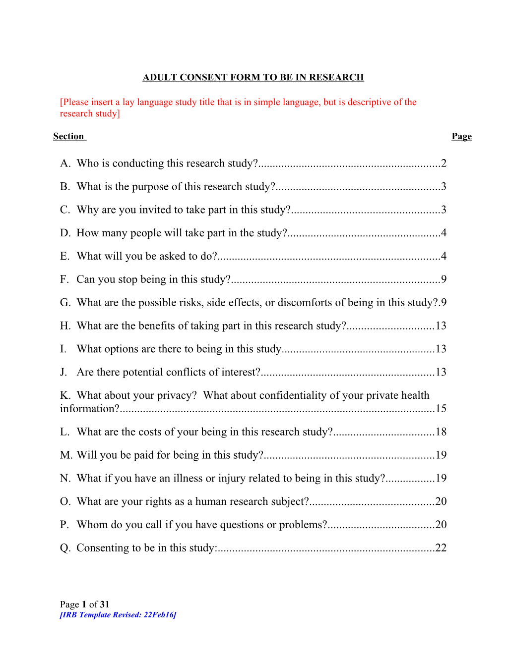 Adult Consent Form to Be in Research