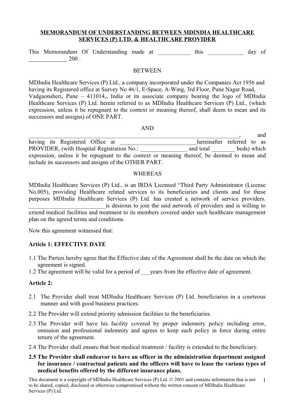 Memorandum of Understanding Between Mdindia Healthcare Services Pvt