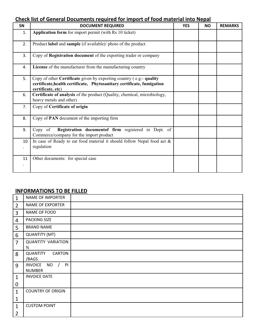 Check List of General Documents Required for Import of Food Material Into Nepal