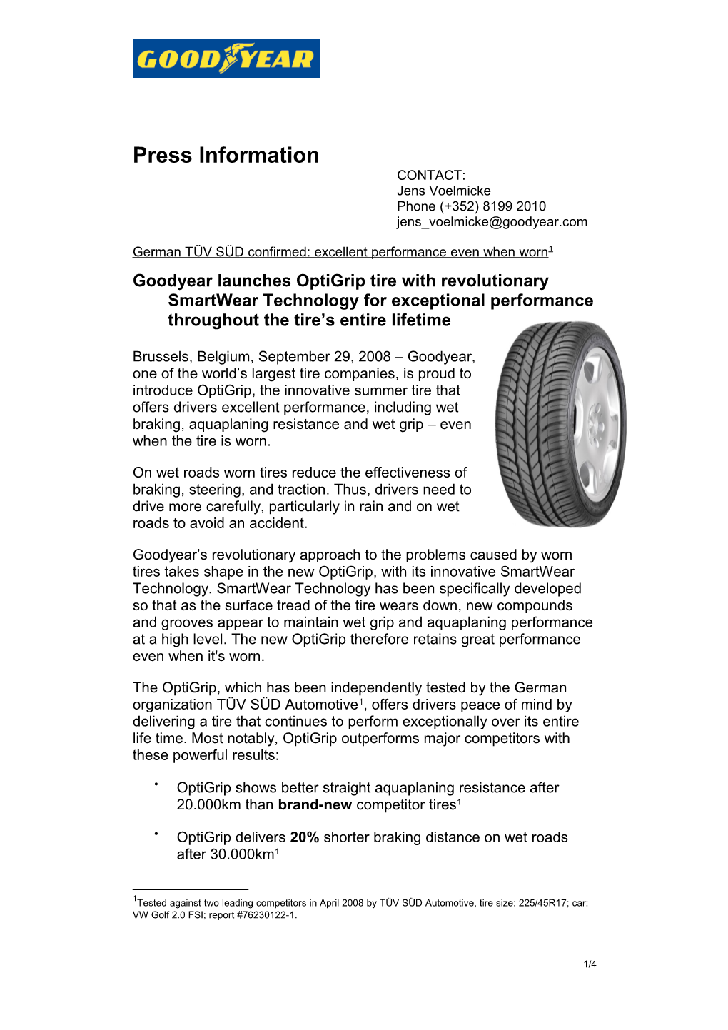 Goodyear Launches Optigrip Tire with Revolutionary Smartwear Technology For