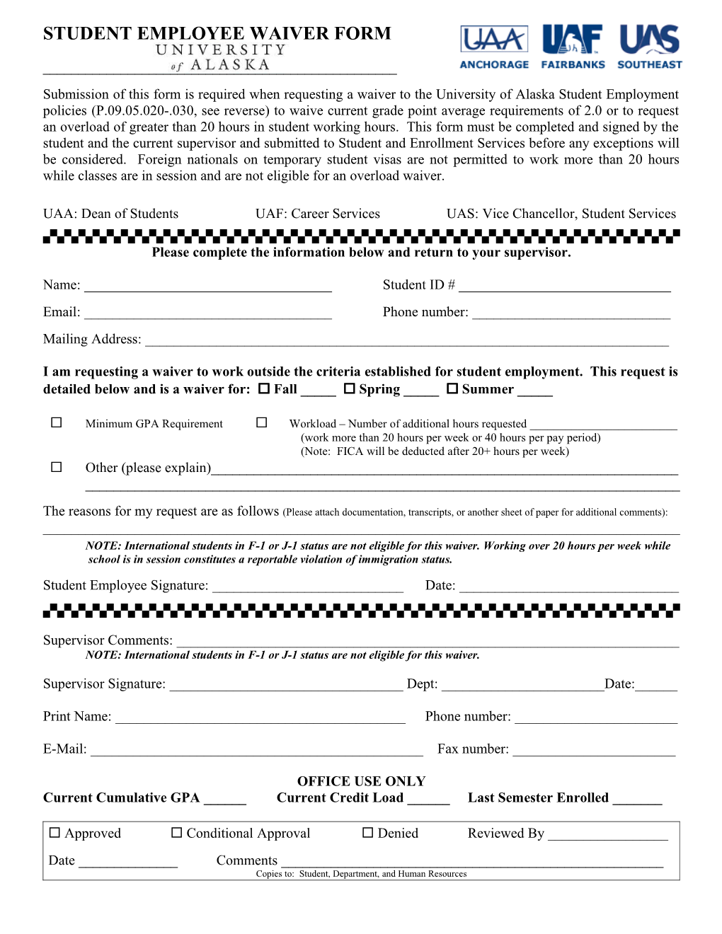 Student Employee Waiver Form