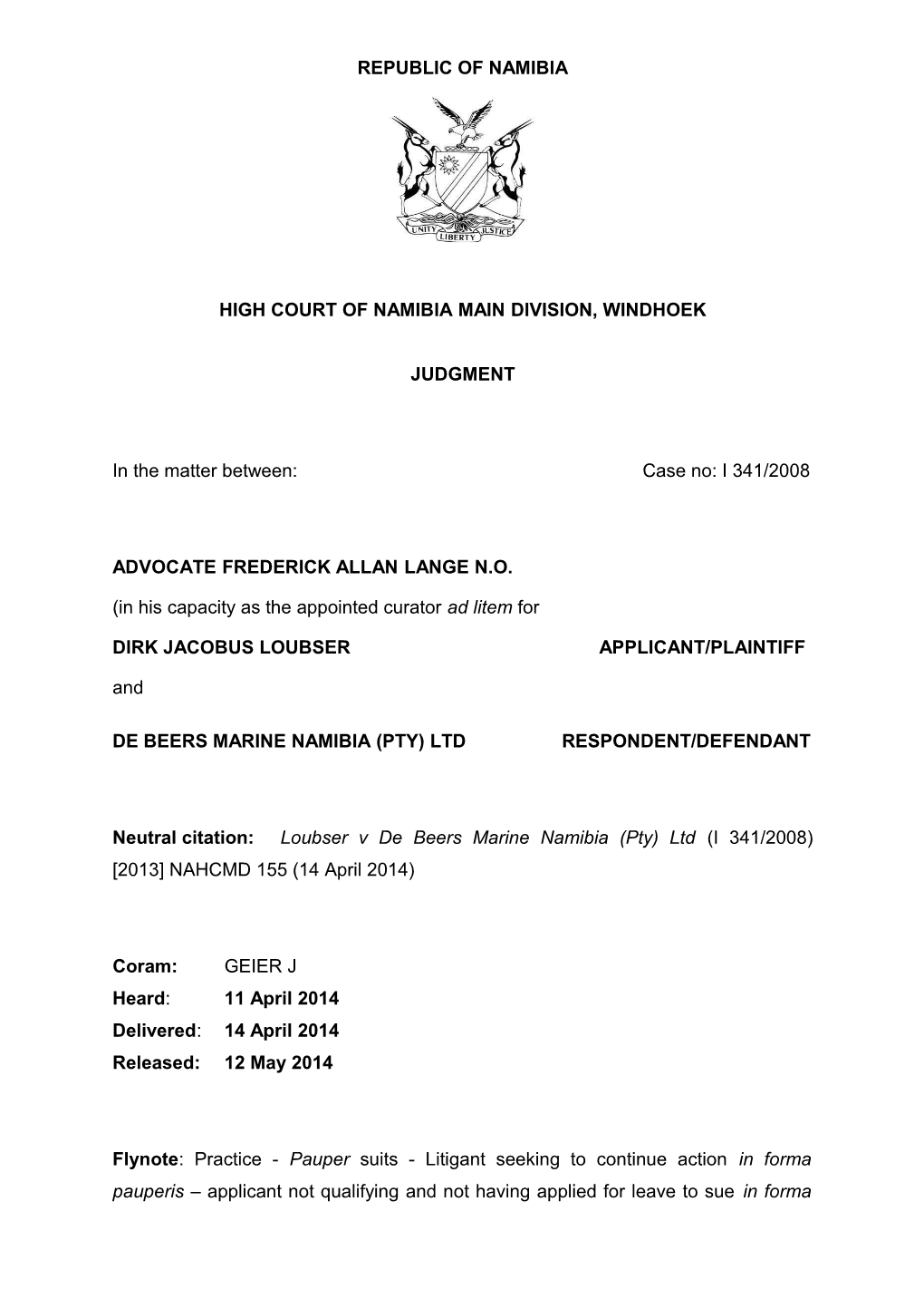 Loubser V De Beers Marine Namibia (Pty) Ltd (I 341-2008) 2013 NAHCMD 155 (14 April 2014)